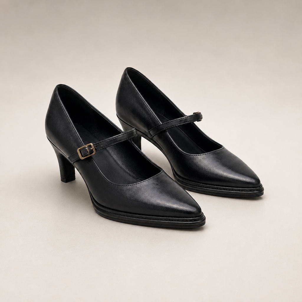Isolated pair of black pointed toe low block heel Mary Jane shoes
