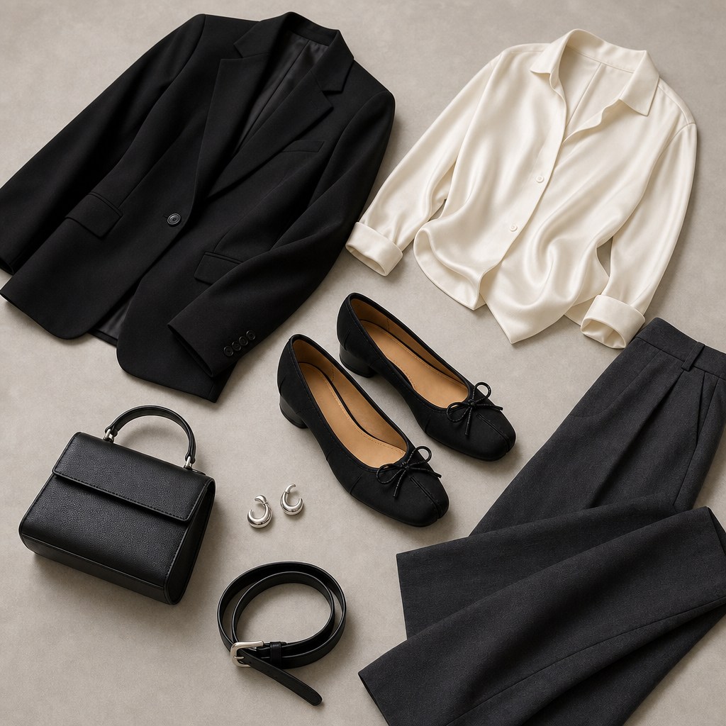 Composizione di un outfit con ballerine nere e accessori disposti in piano.