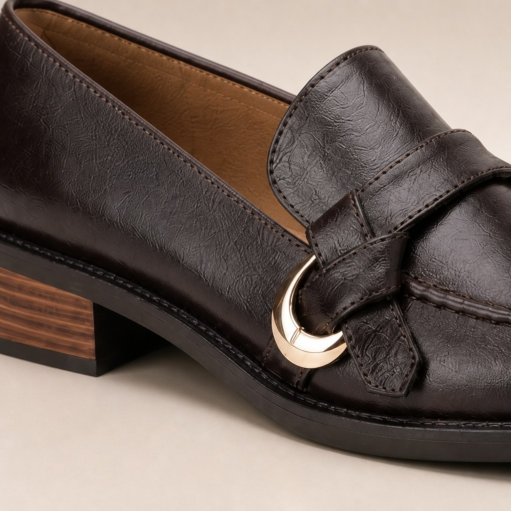 Detail view of side hardware, sole and stacked heel