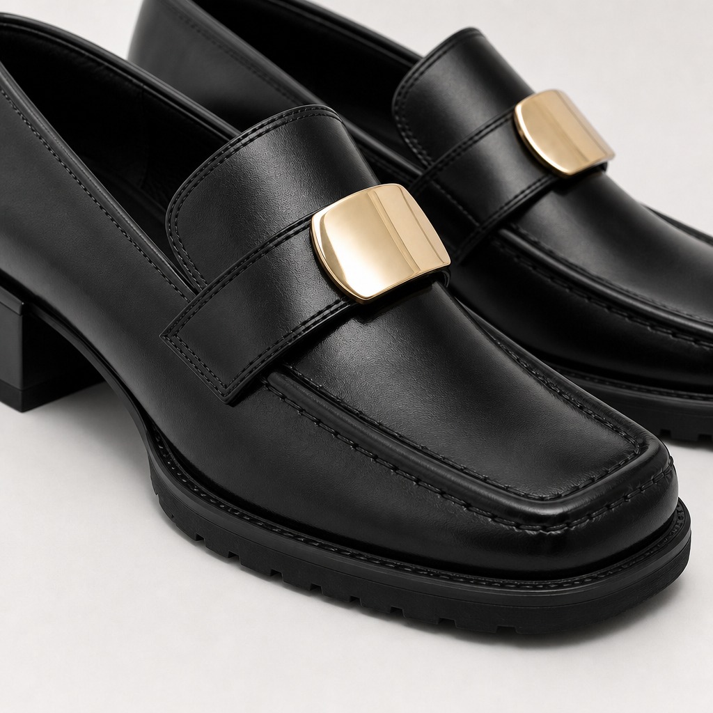 Gros plan sur le mocassin avant : boucle dorée, coutures et semelle crantée.