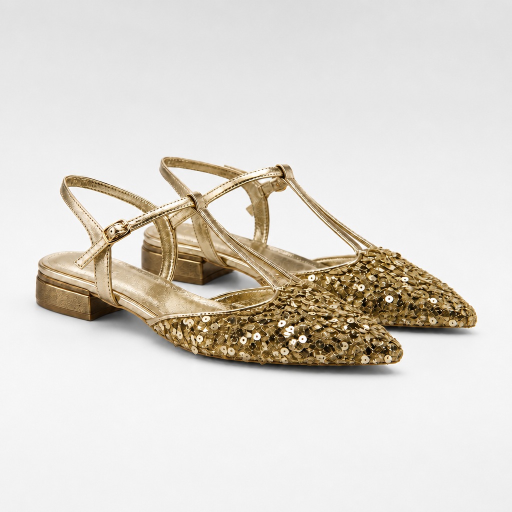 Gold closed toe flat sandals on white background