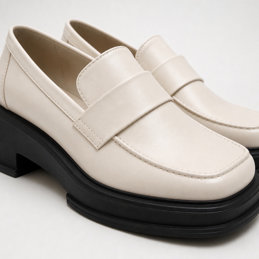 Gros plan sur les coutures de la bride supérieure et de la semelle d'un mocassin crème