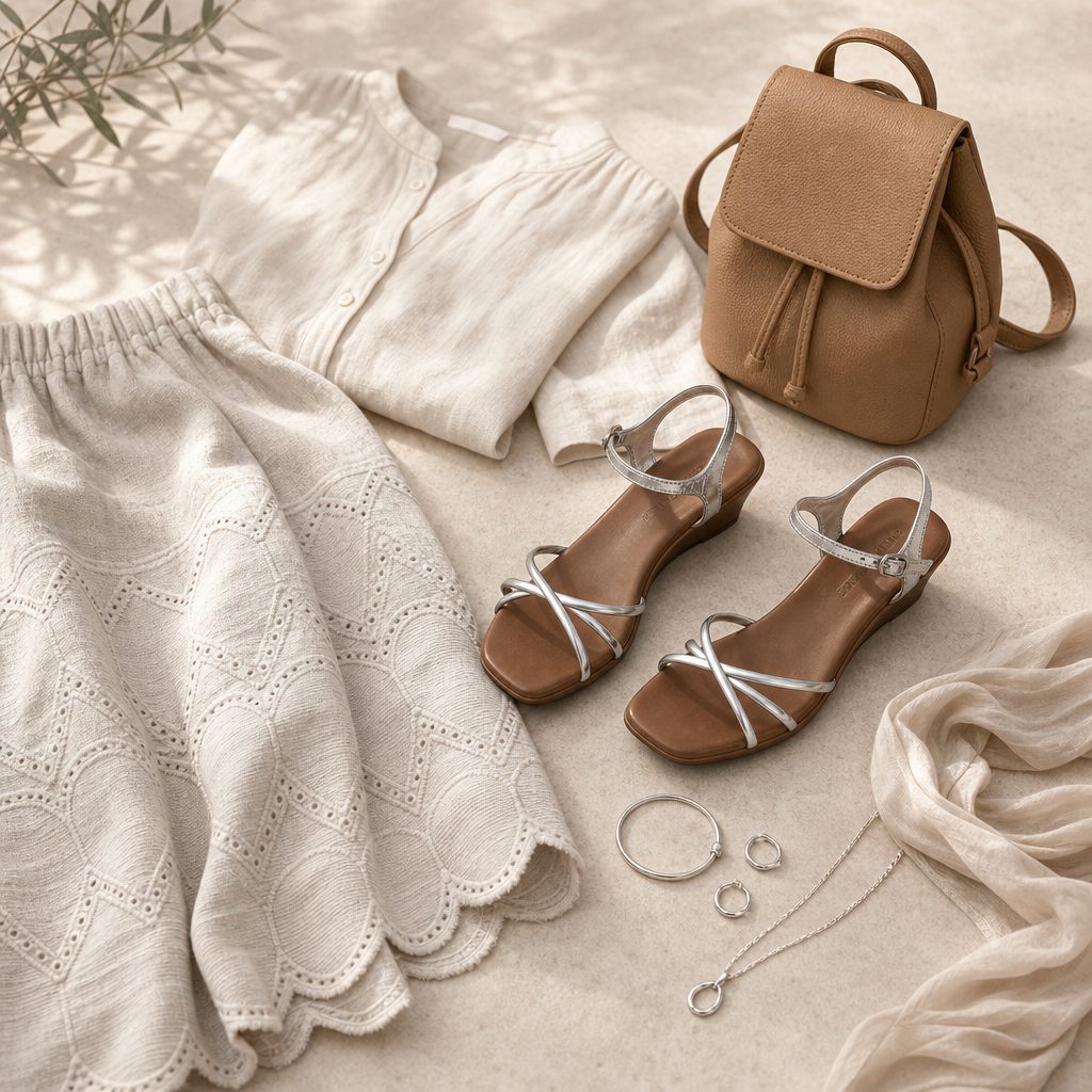 Escena de estilismo plano con sandalias de cuña plateadas y accesorios.