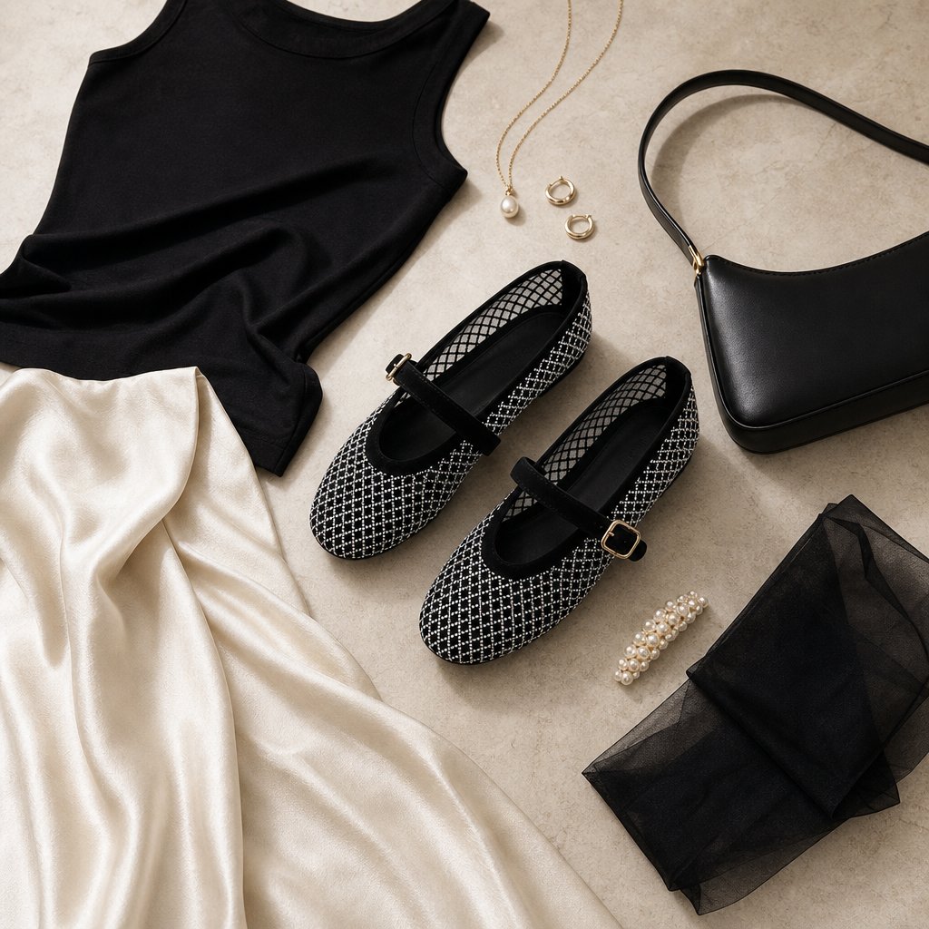 Ballerine Mary Jane nere in una composizione flatlay