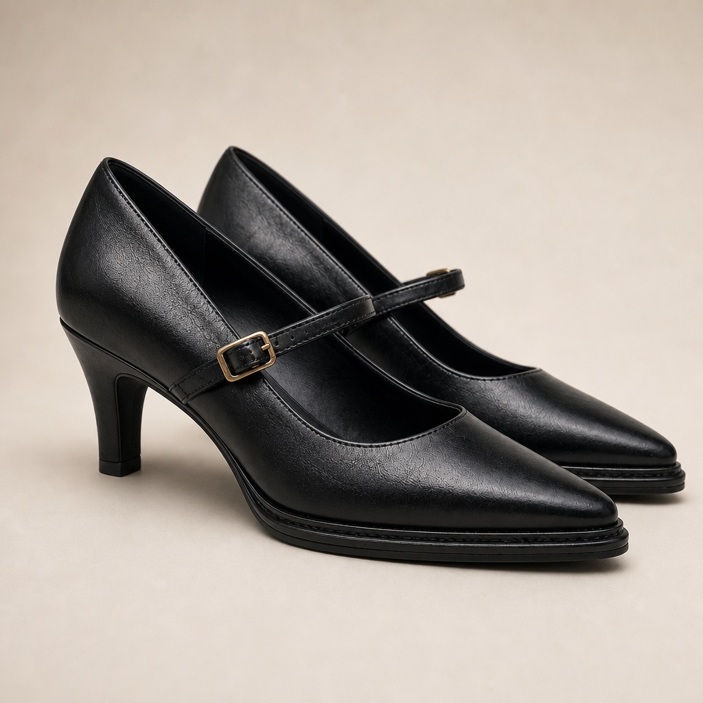 Clear product view of black pointed toe strap chunky heel shoes