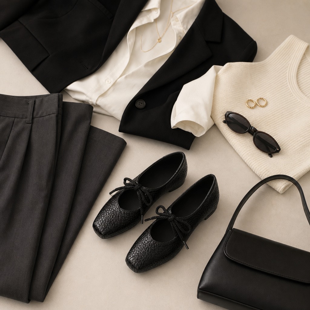 Scarpe Mary Jane nere abbinate a vestiti e borsa