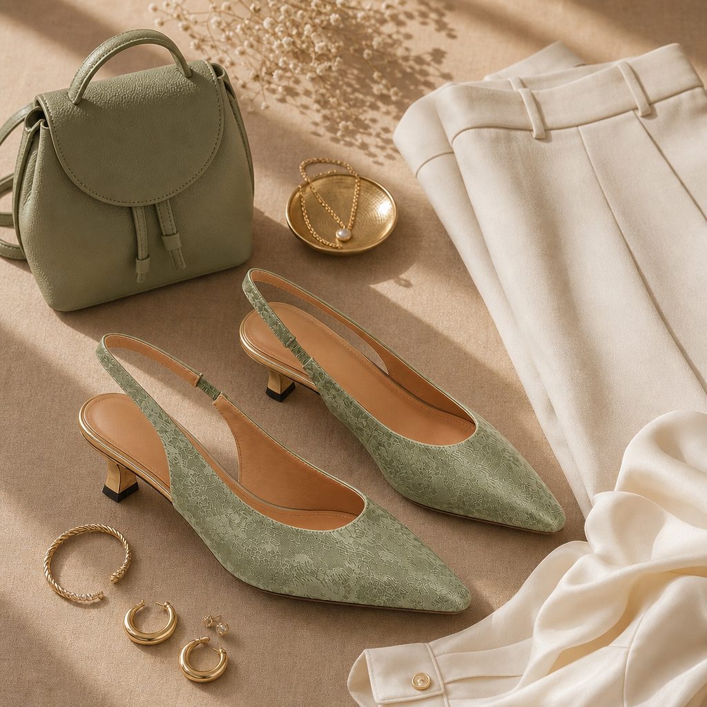 Salto tipo slingback verde brilhante em uma cena plana acessória