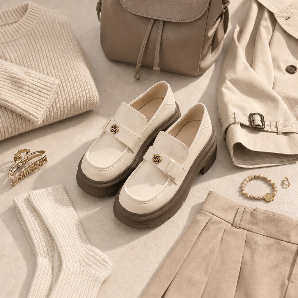 Mocassins blancs à plateforme présentés à plat avec des vêtements