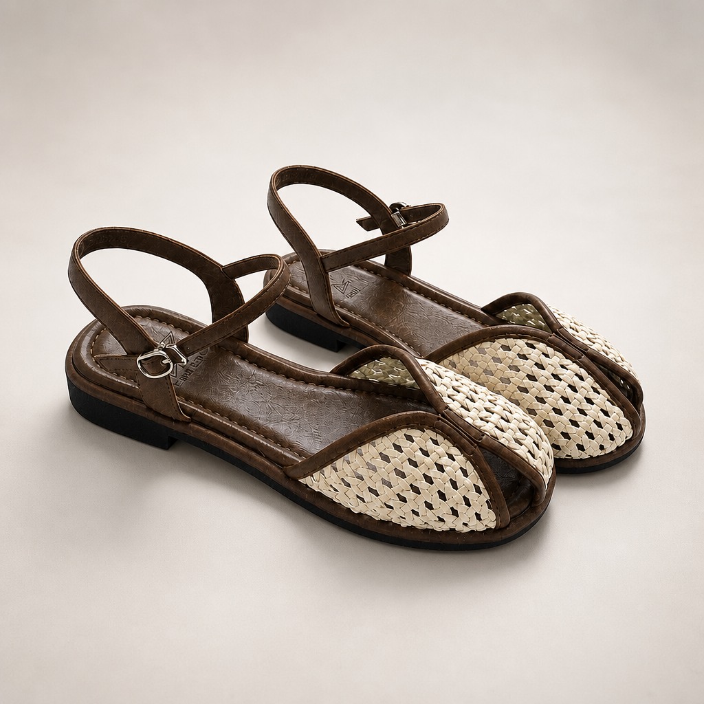 Off-white closed toe flat shoes on a light background