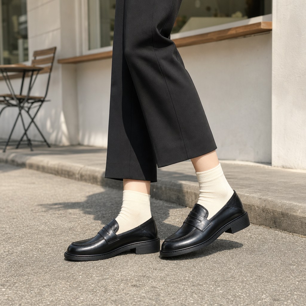Mocassins noirs portés à l'extérieur avec un pantalon et des chaussettes