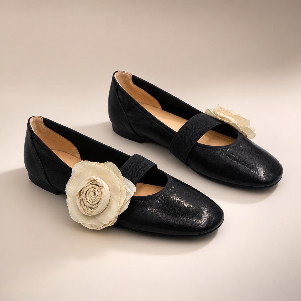 Μαύρο τριαντάφυλλο απλικέ Mary Jane flats