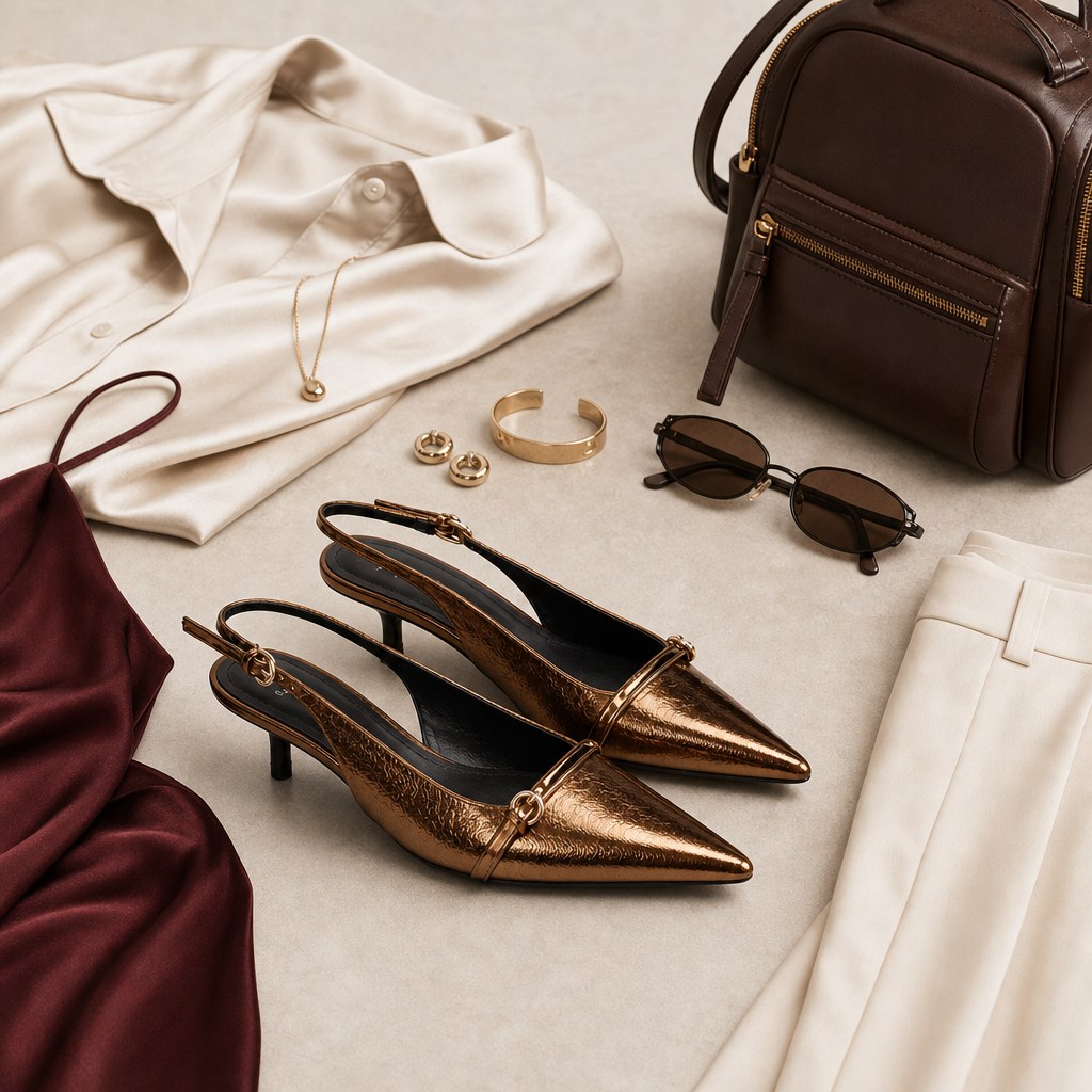 Salto tipo slingback dourado com acessórios para eventos