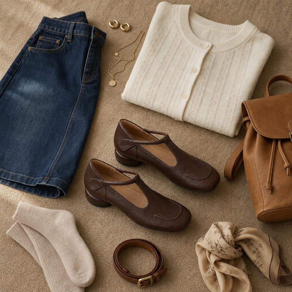 Brown Mary Jane shoes styled with clothing in a flat lay