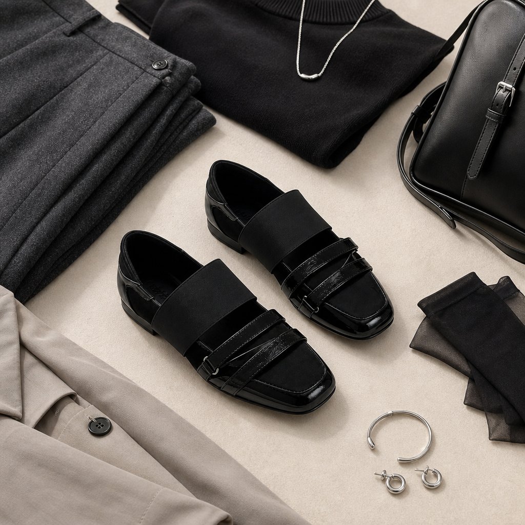Μαύρα loafers σε στιλ με επίπεδη σκηνή