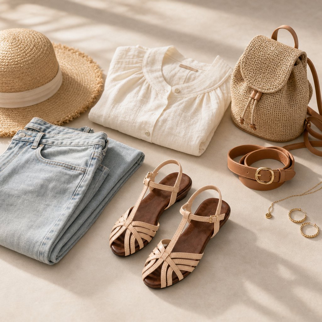 Apricot wedge sandals styled with coordinated accessories