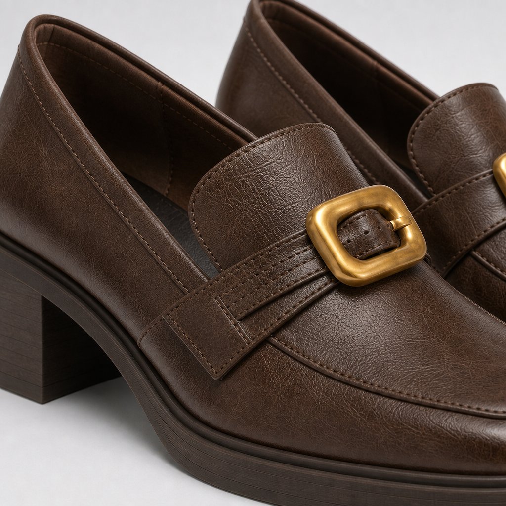 Gros plan sur les coutures carrées et la boucle d'un mocassin marron à talon bloc