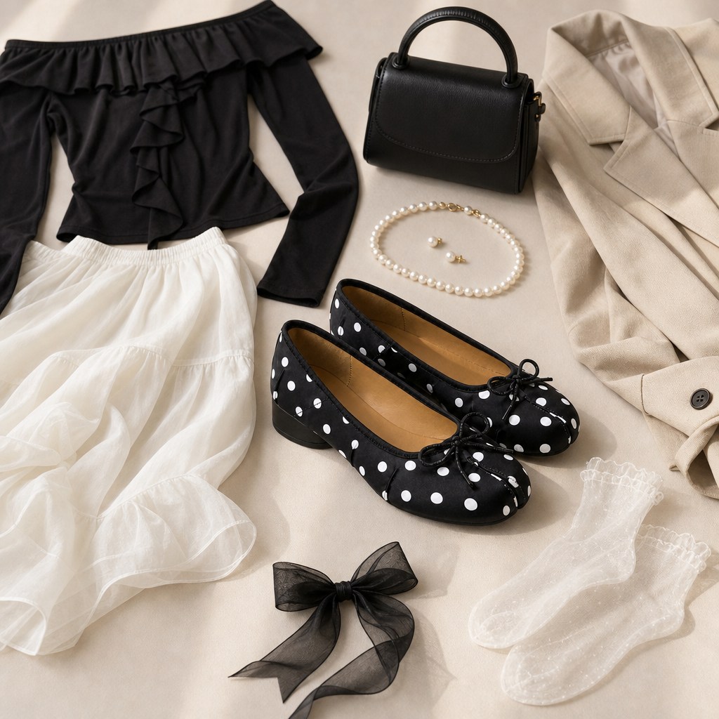 Ballerine a pois bianchi e neri abbinate ad accessori di abbigliamento