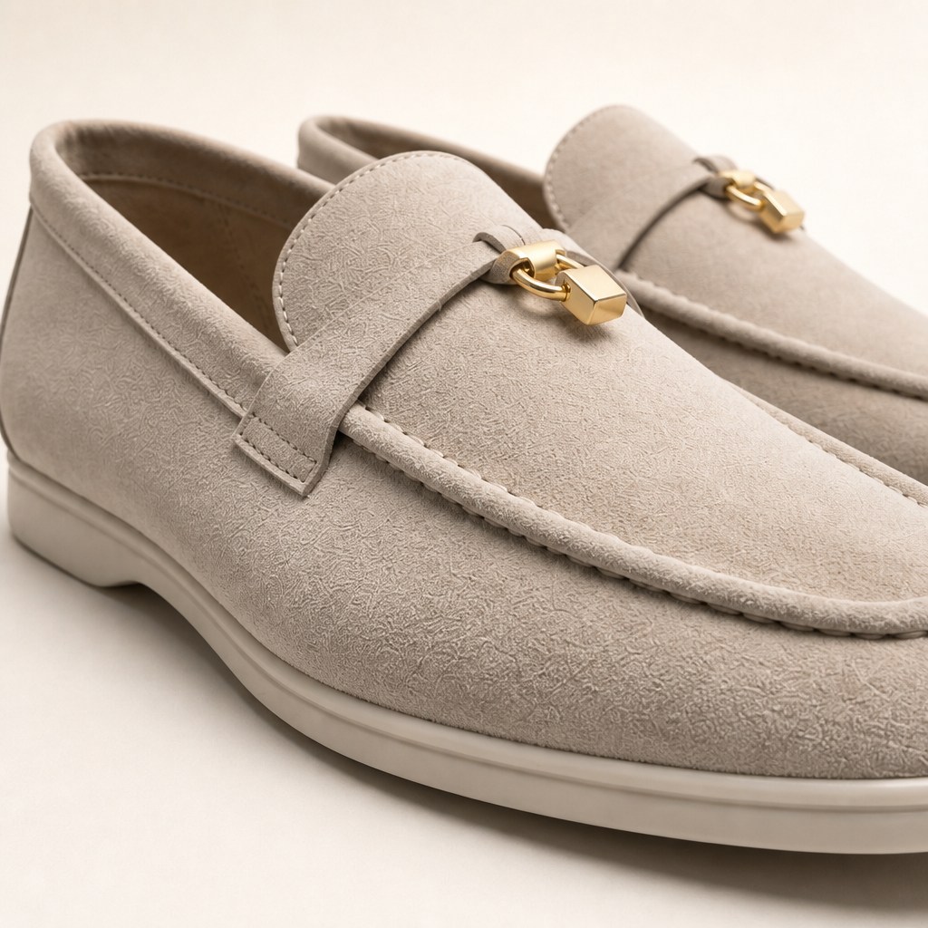 Close-up of loafer shape, suede-look texture, and upper hardware