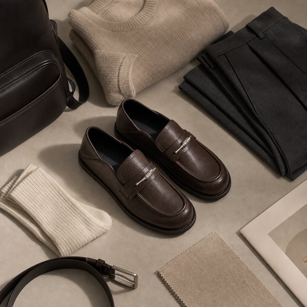 Mocassins marrons portés avec des vêtements et accessoires assortis