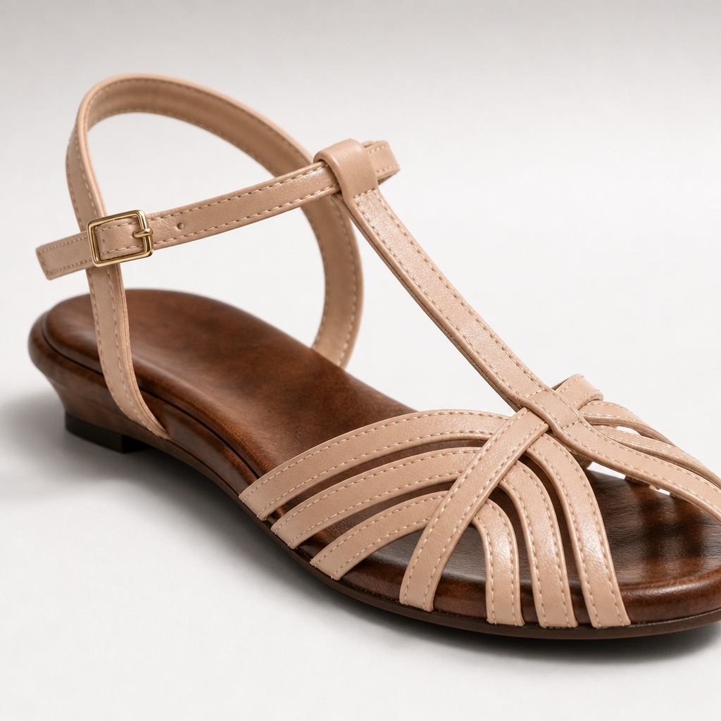 Beige sandal close-up showing buckle, insole, straps, and closed toe construction