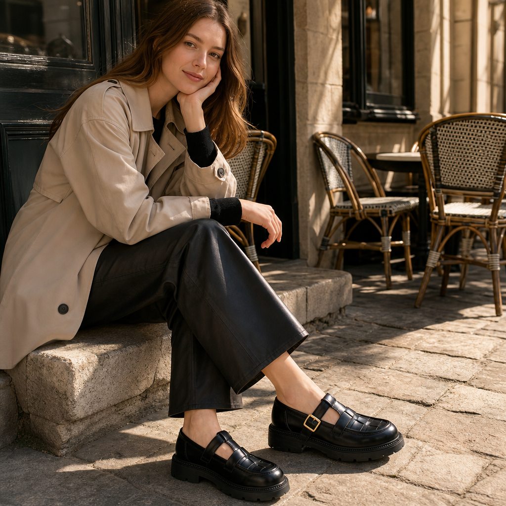 Outdoor cafe lifestyle scene showing the chunky fisherman shoes worn