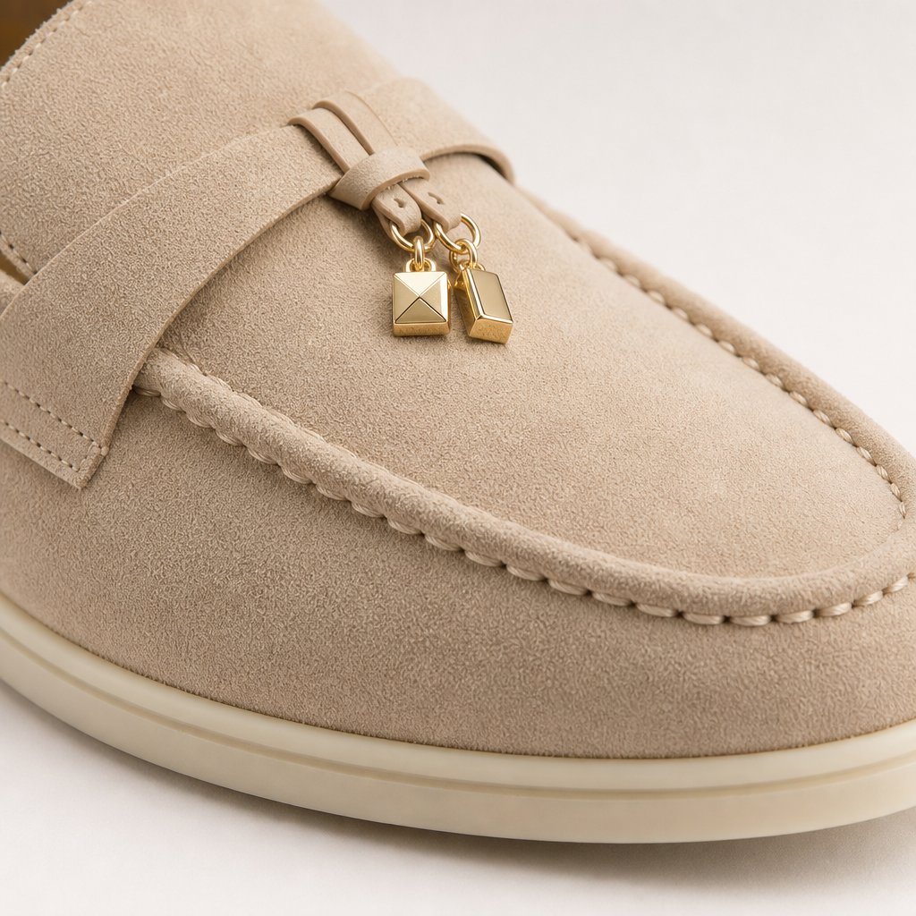 Gros plan sur la texture du mocassin en daim, les coutures, le pompon et les breloques métalliques.