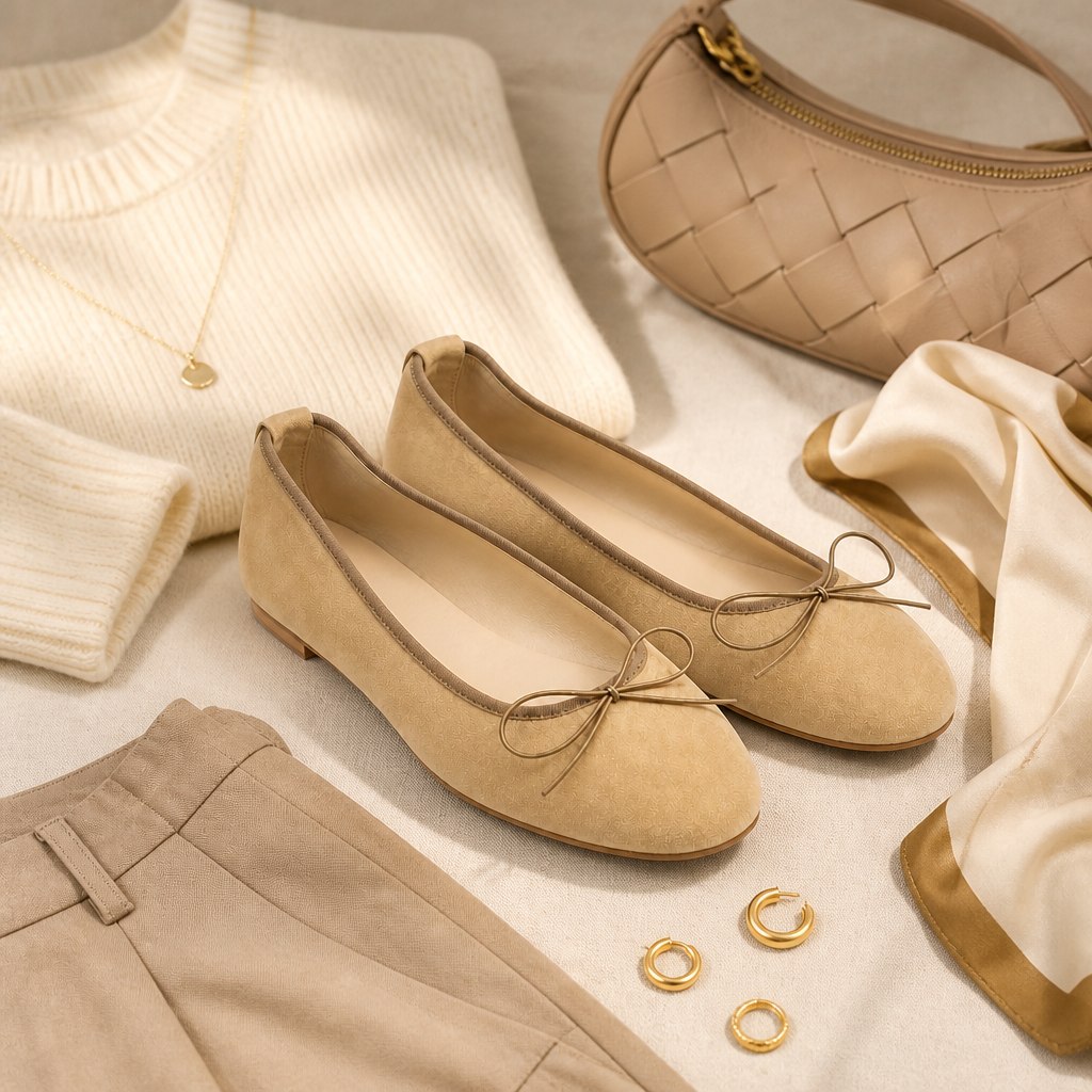 Apricot flats διακοσμημένα με τσάντα και κοσμήματα