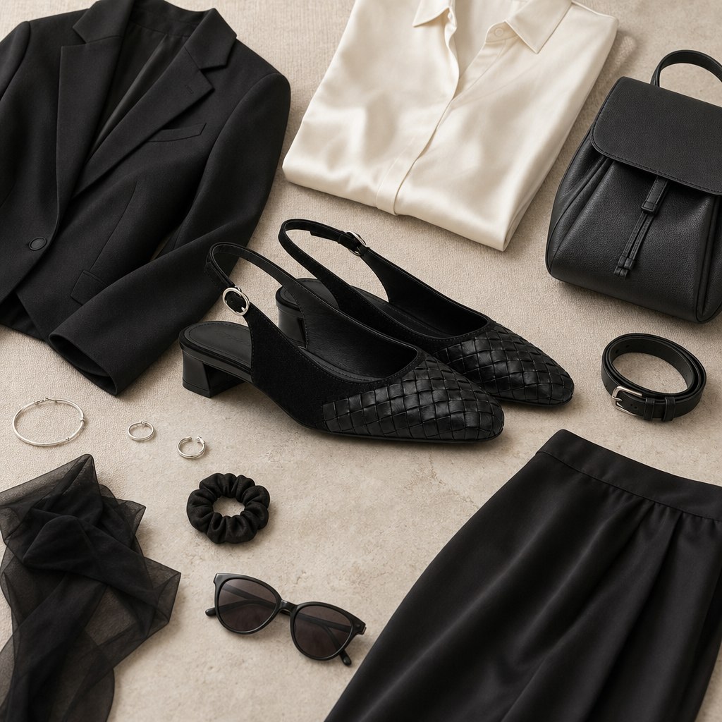 Sapatos slingback pretos trançados com roupas e acessórios