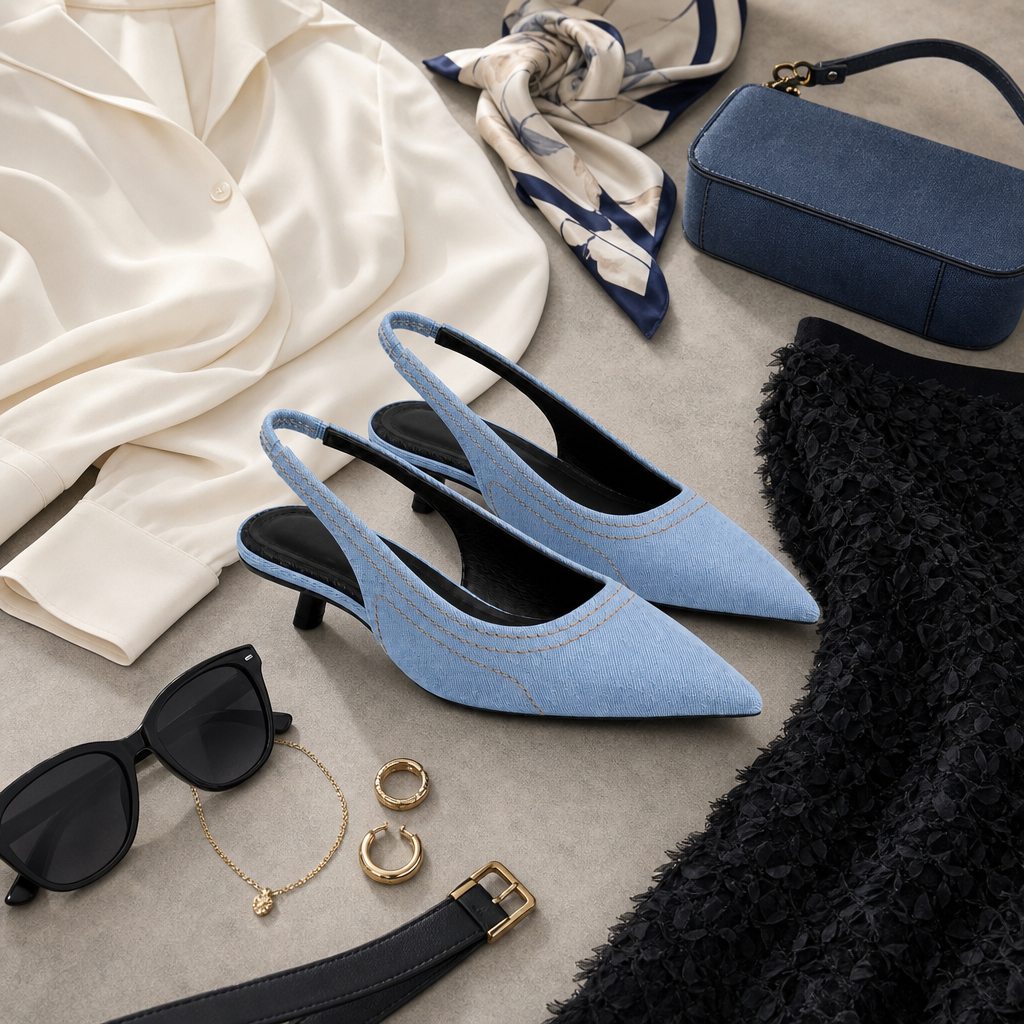 Salto tipo slingback azul claro com acessórios