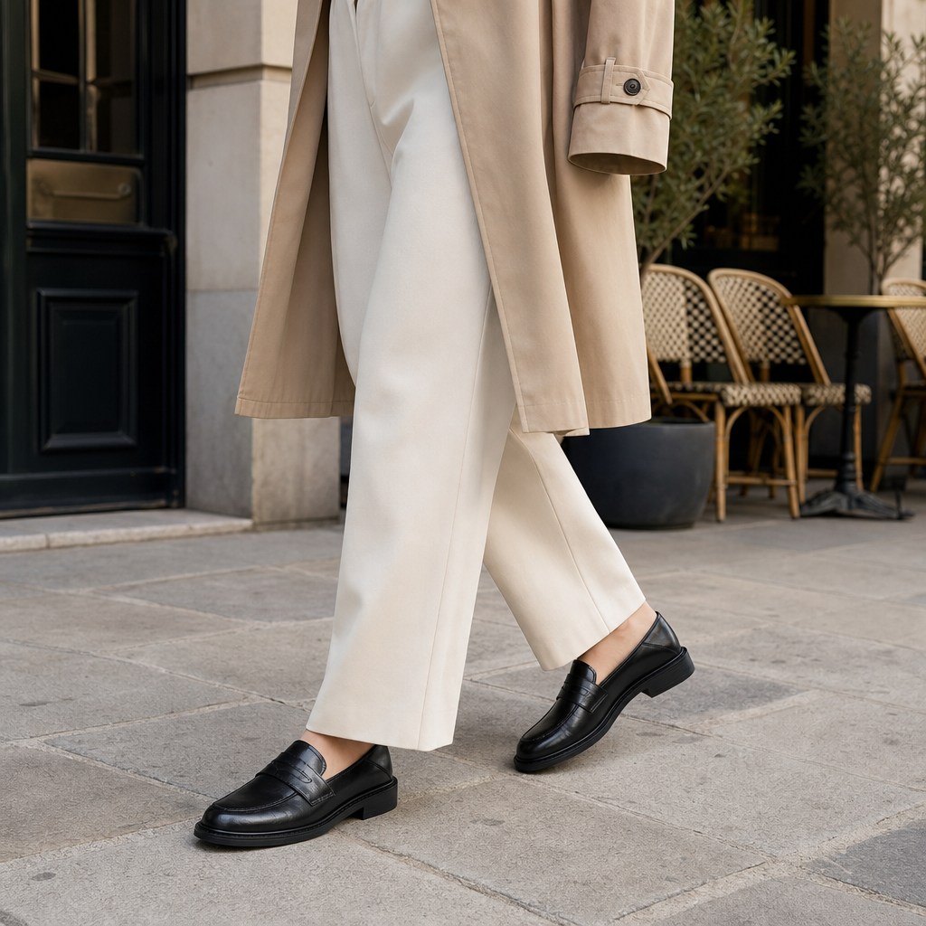 Mocassins noirs portés dans une scène de style de vie urbain