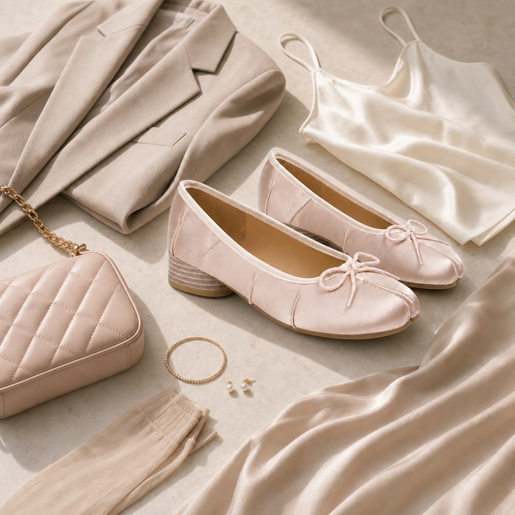 Ballerine rosa in posa dall'alto con accessori dell'outfit