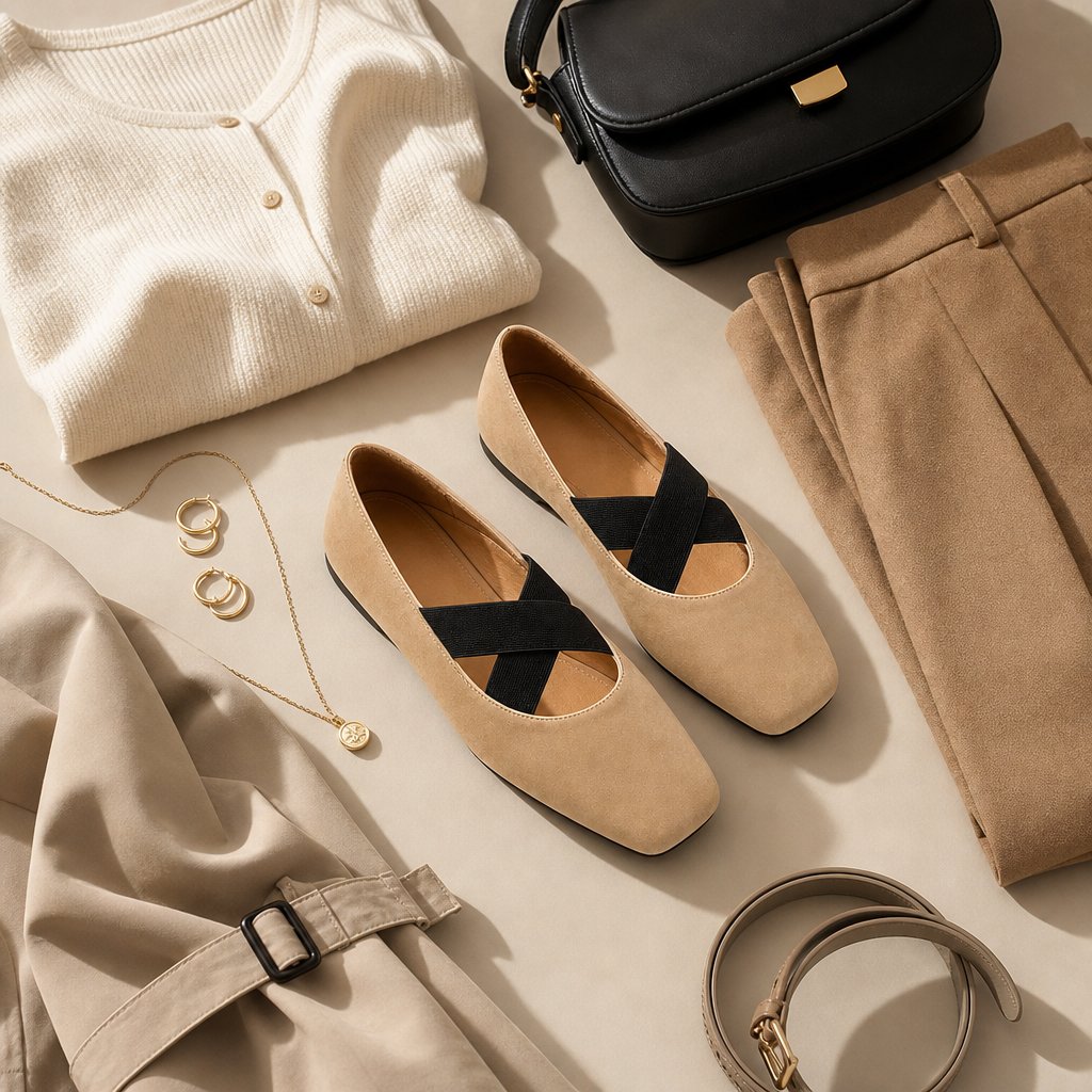 Ballerine beige disposte in piano con capi coordinati