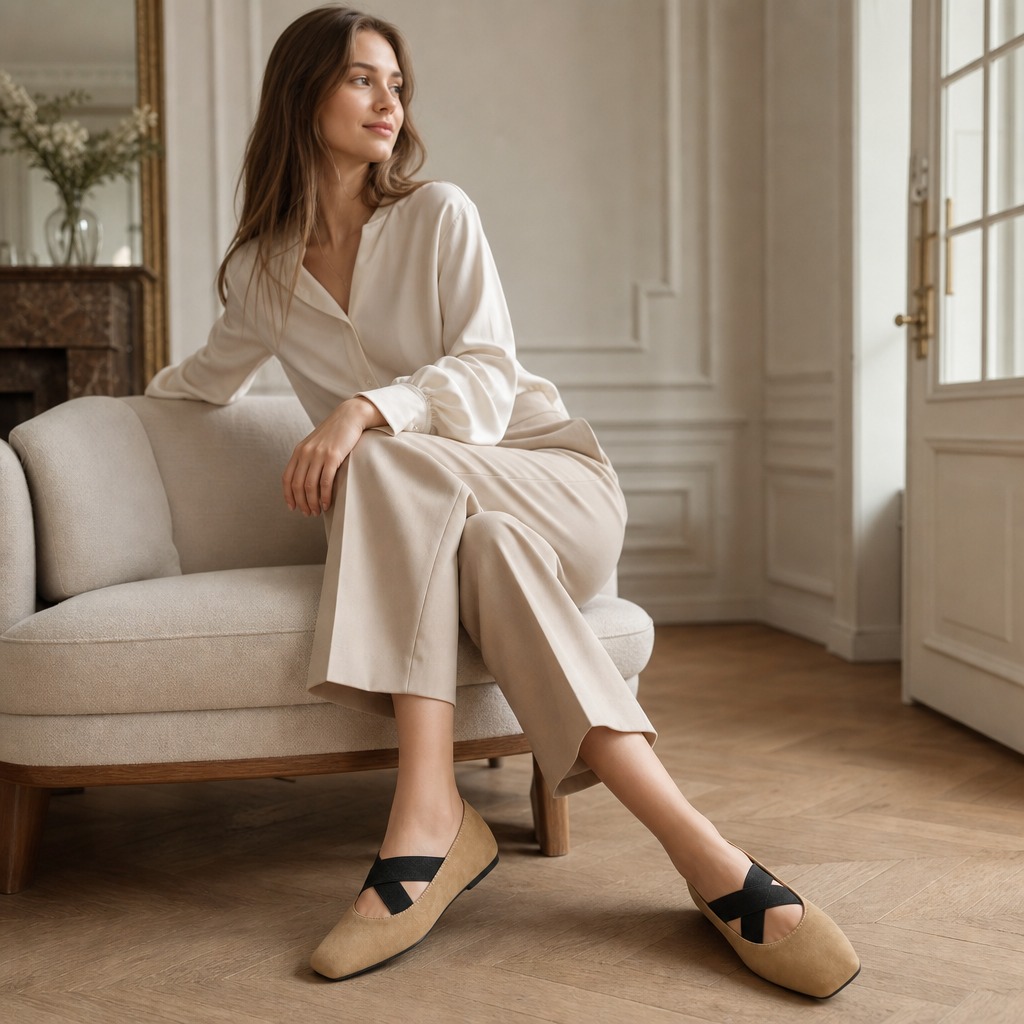 Ballerine beige indossate in una posa seduta al chiuso