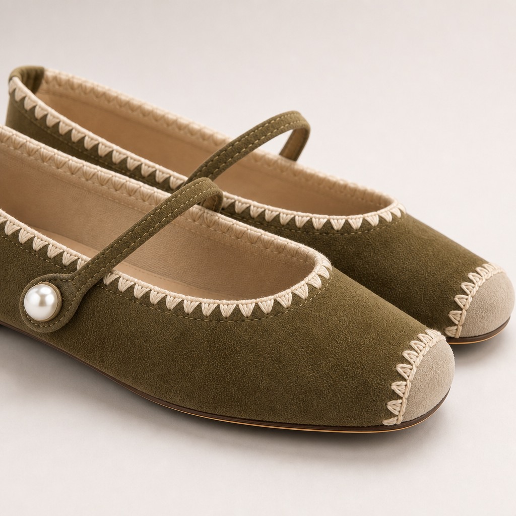 Primo piano di una scarpa Mary Jane color oliva con cinturino di perle e bordo smerlato.