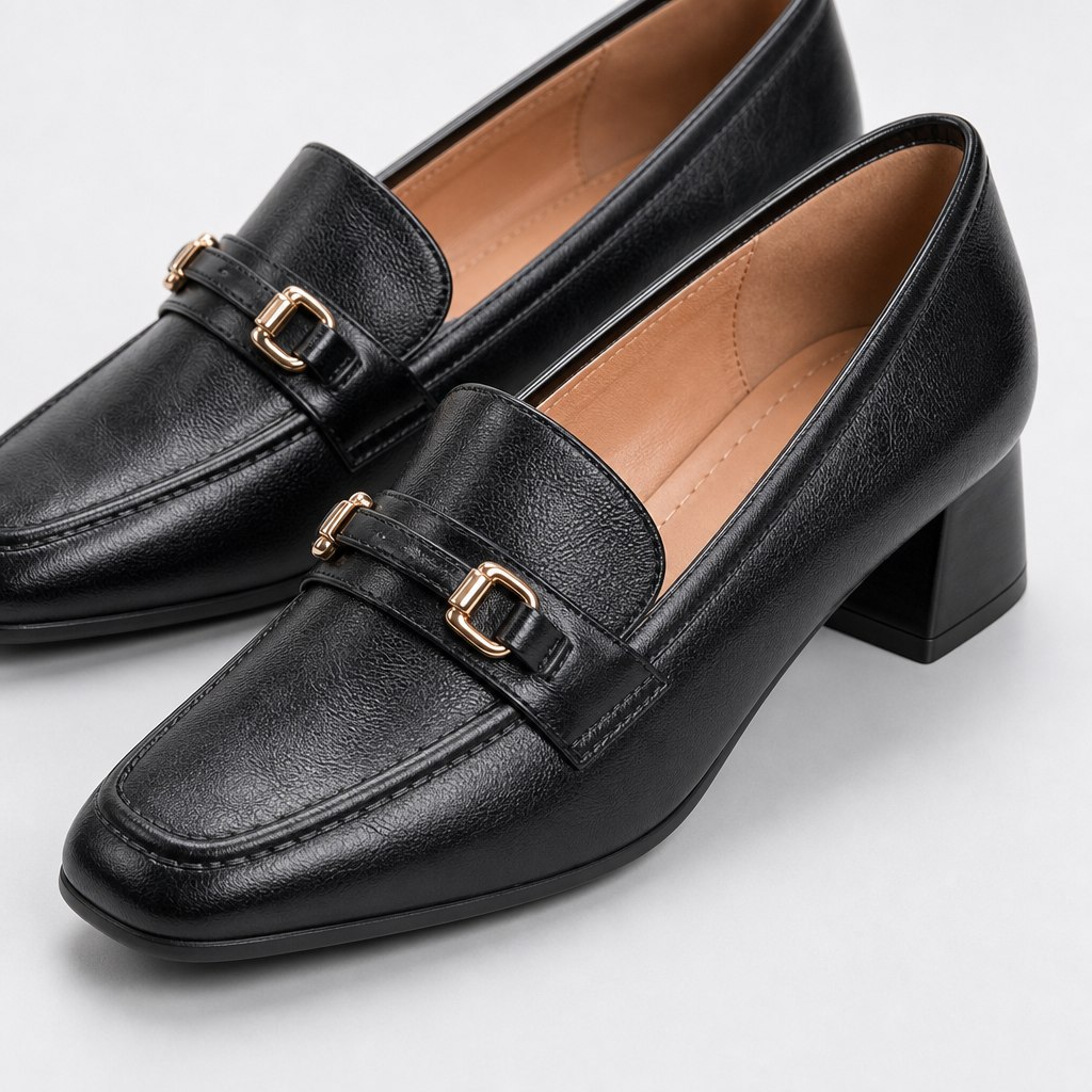 Close-up detail of black corrected-grain leather dress shoe with square toe hardware and chunky heel