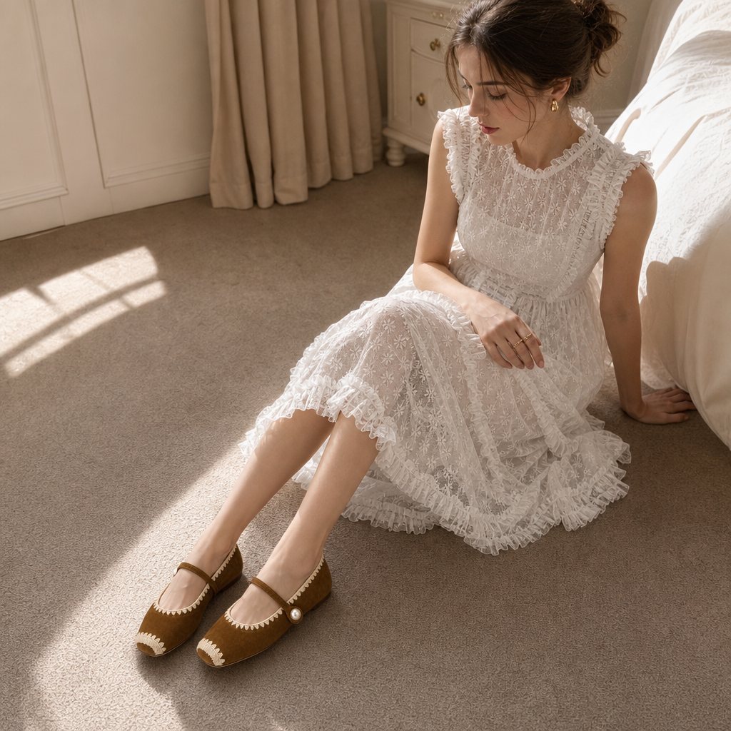 Ballerine Mary Jane marroni indossate in una stanza illuminata da una luce soffusa
