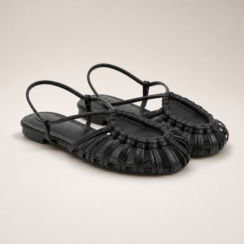 Black woven closed toe flat shoes