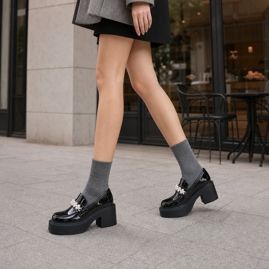 Mocassins noirs à plateforme portés à l'extérieur pour donner une idée de l'échelle et du style