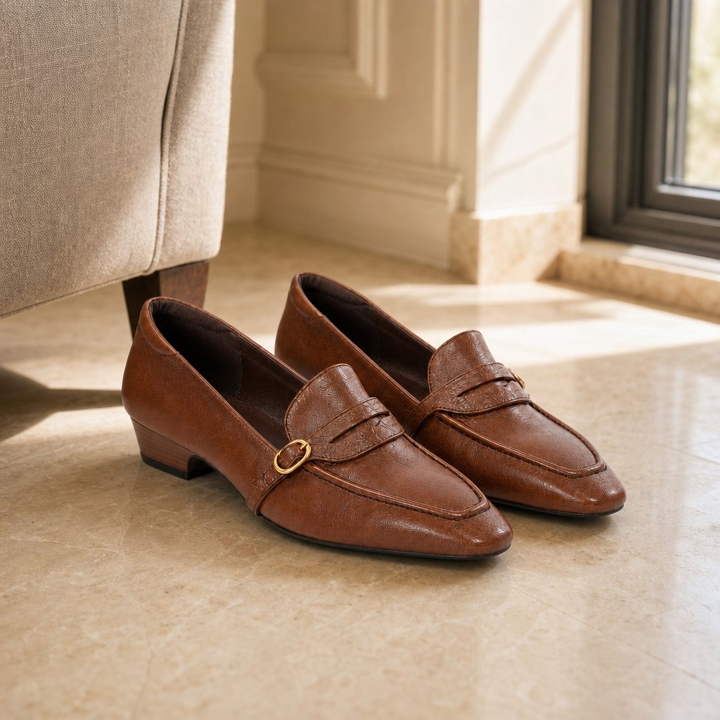 Brown loafers styled in a natural-light indoor scene