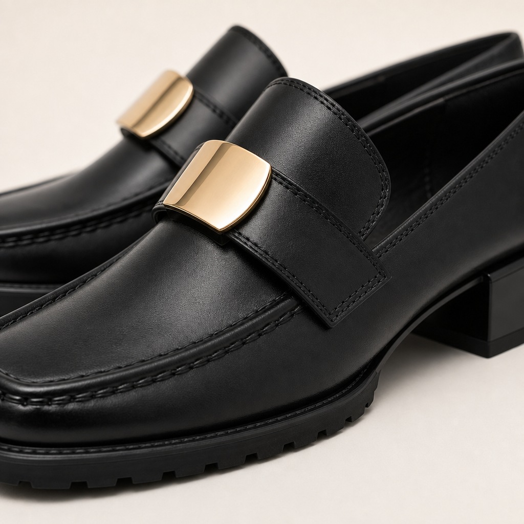 Gros plan en angle de l'empeigne du mocassin, détail de la boucle, surpiqûres du bout et talon