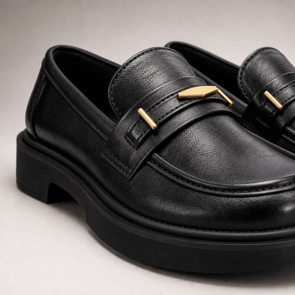Gros plan sur la texture du cuir noir d'un mocassin, les coutures, l'élément métallique et le bord de la semelle