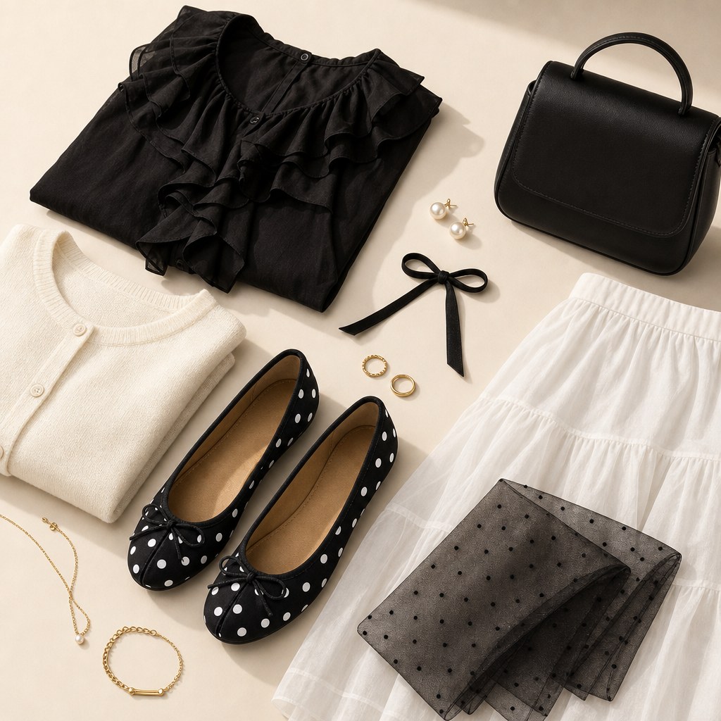 Ballerine a pois con accessori moda in posa piatta