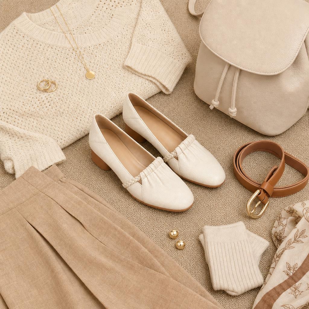 Beige loafers styled in a flat lay with clothing and accessories