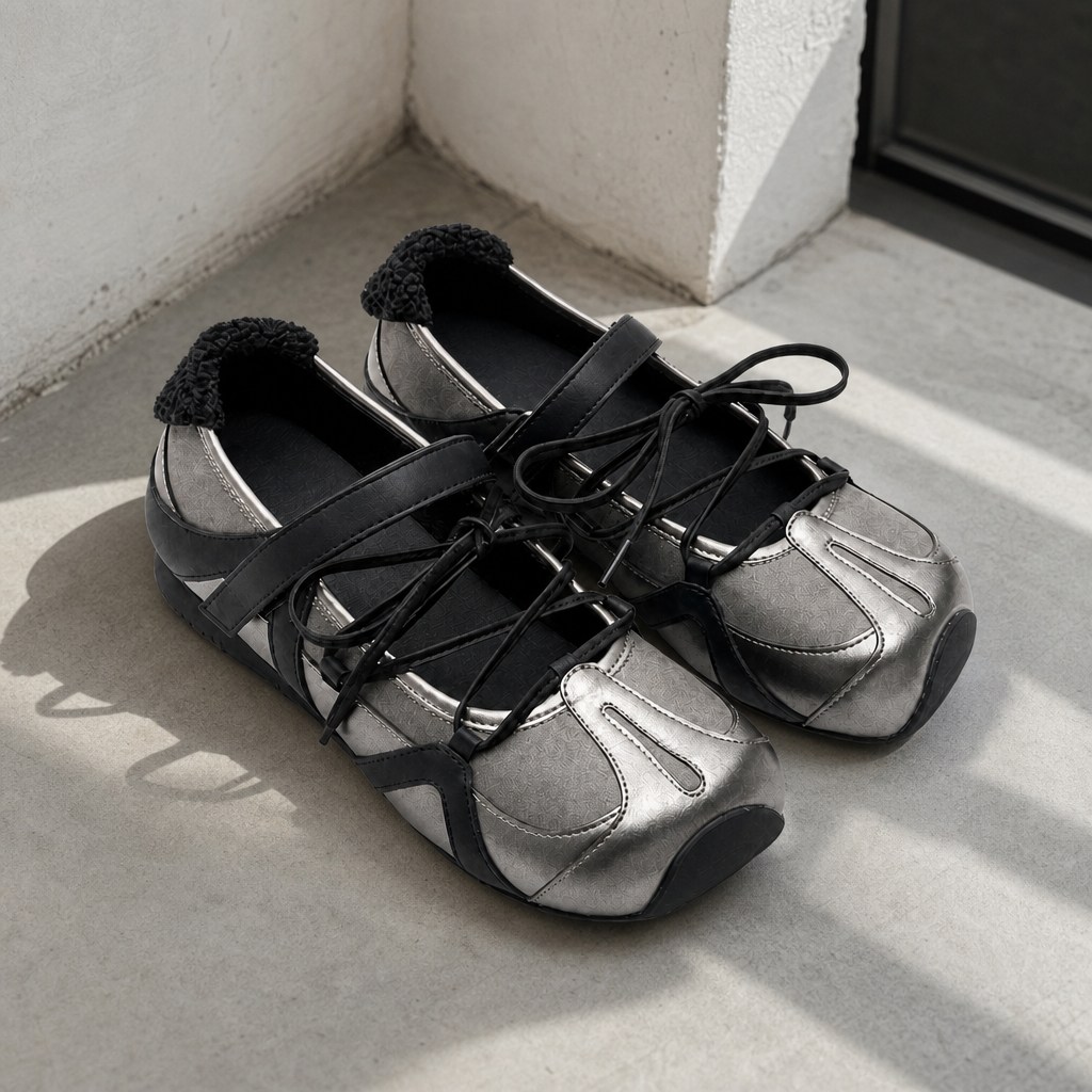 Ballerine sportive argento e nere su un pavimento illuminato dal sole vicino a un muro