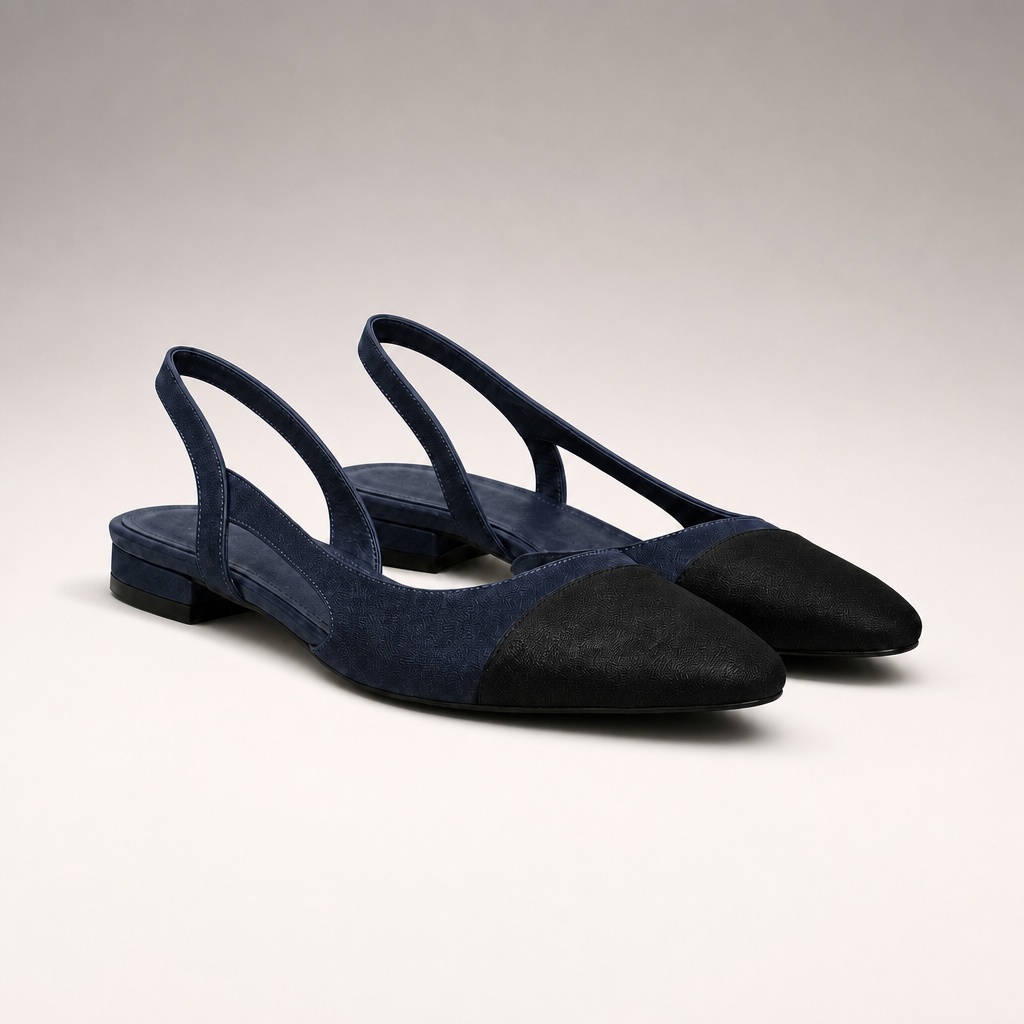 Black and navy color block closed toe flat shoes