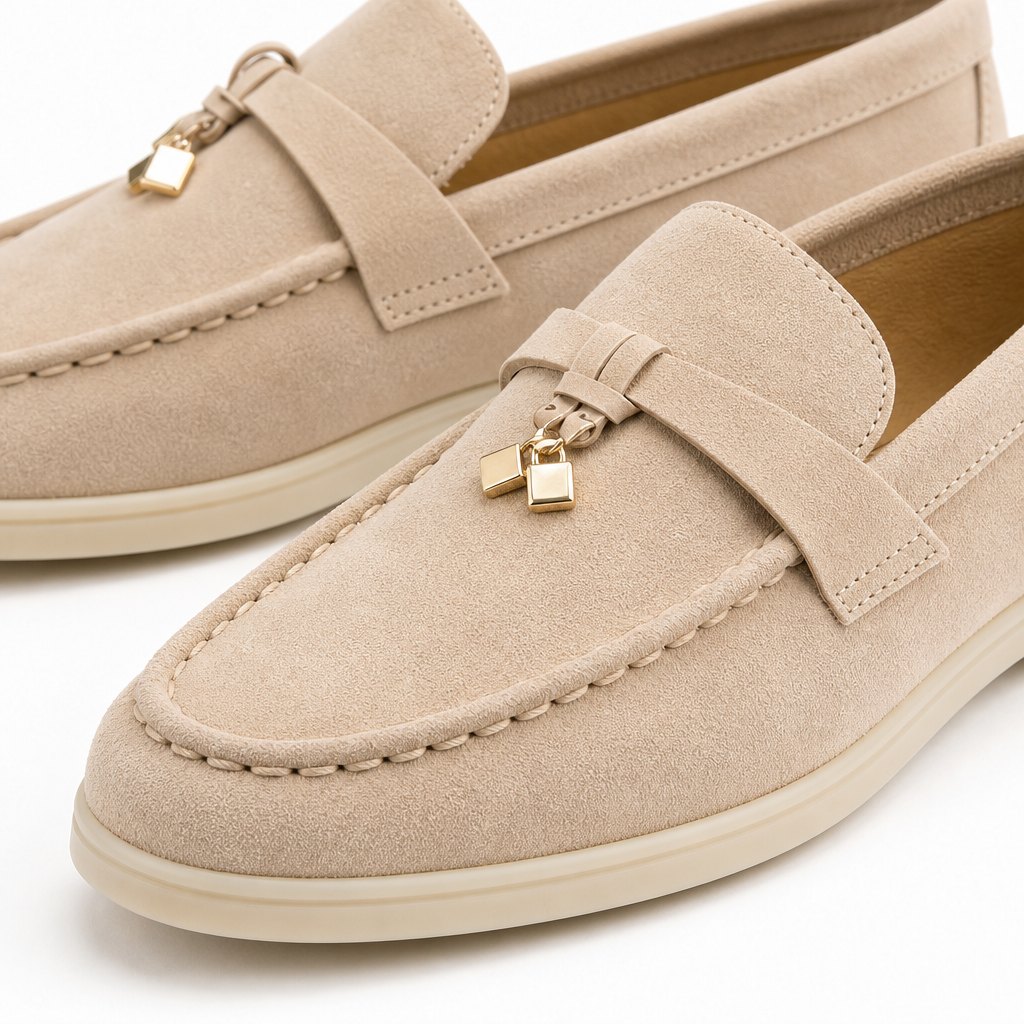 Gros plan sur la tige du mocassin, les coutures du bout, le bord de la semelle et la décoration à pompon