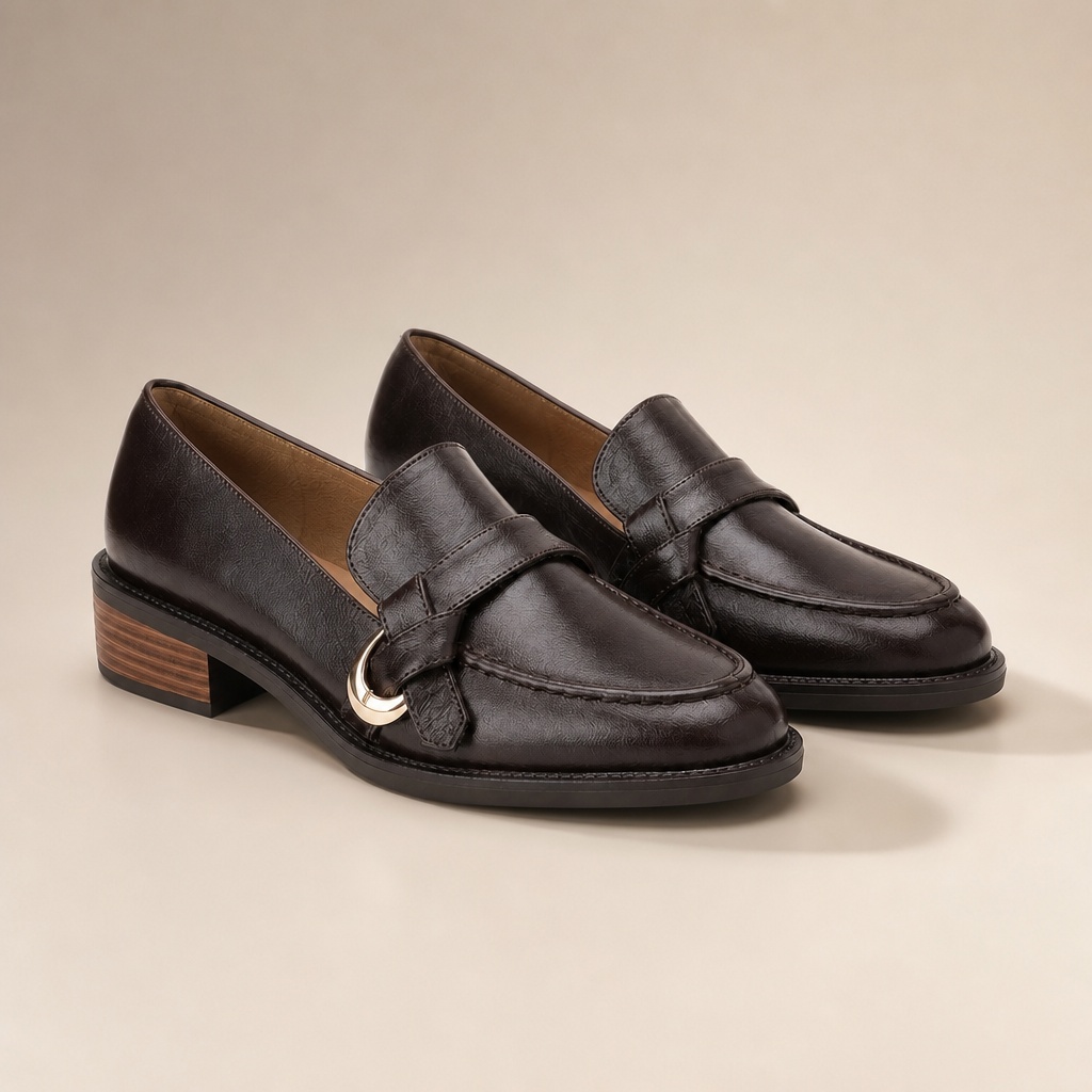 Brown slip-on loafers on a light background