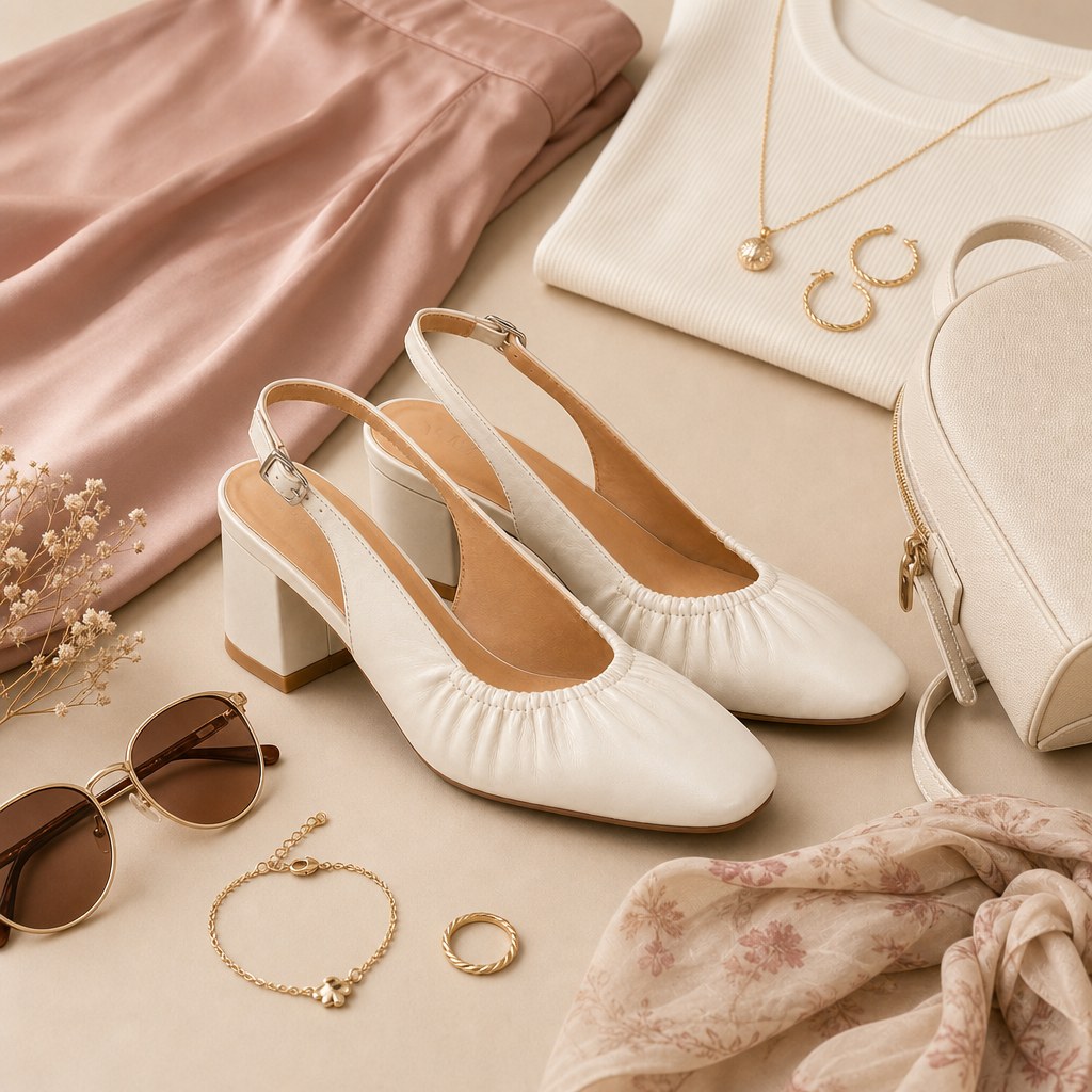 Salto tipo slingback creme com acessórios