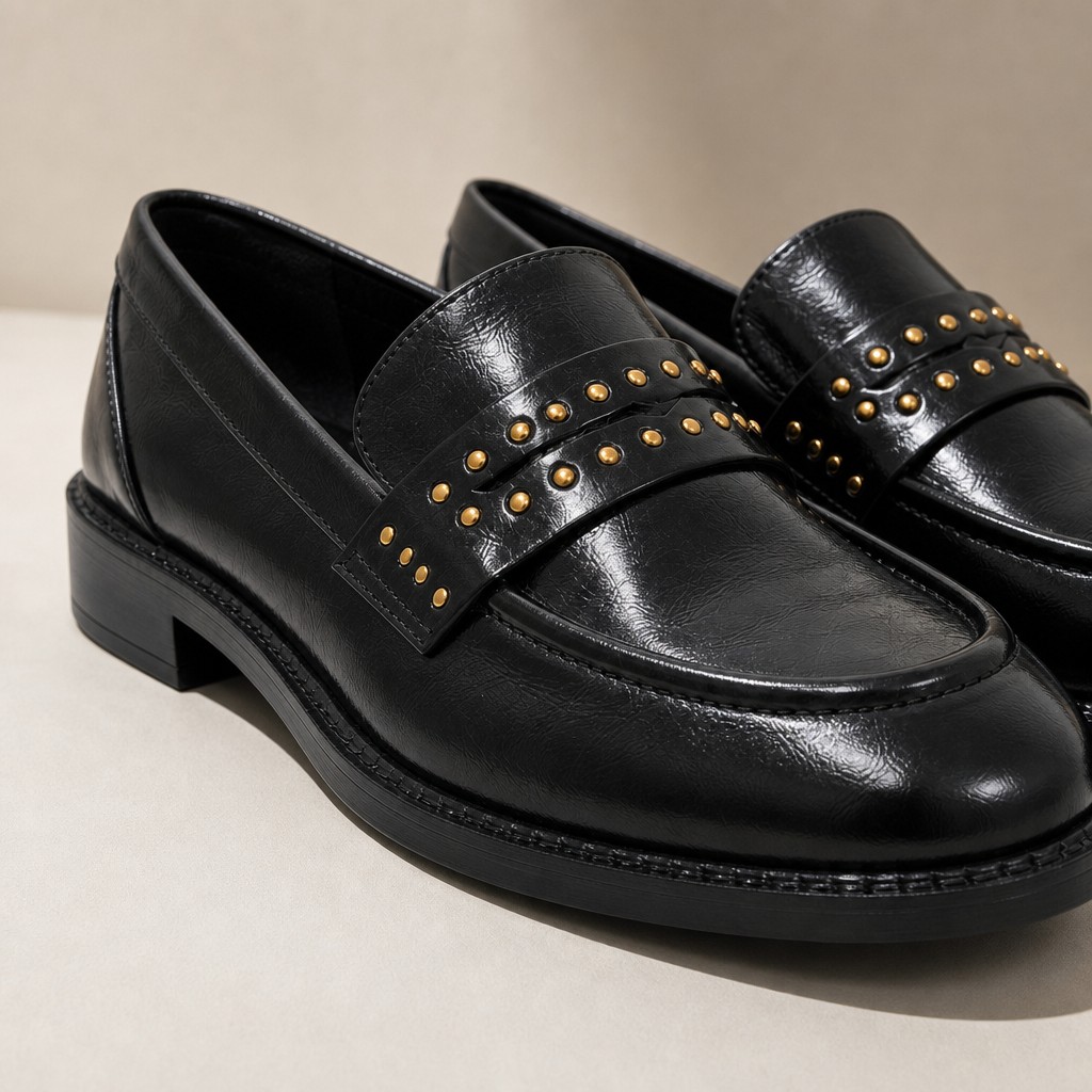 Pair of black glossy loafers on a clean background