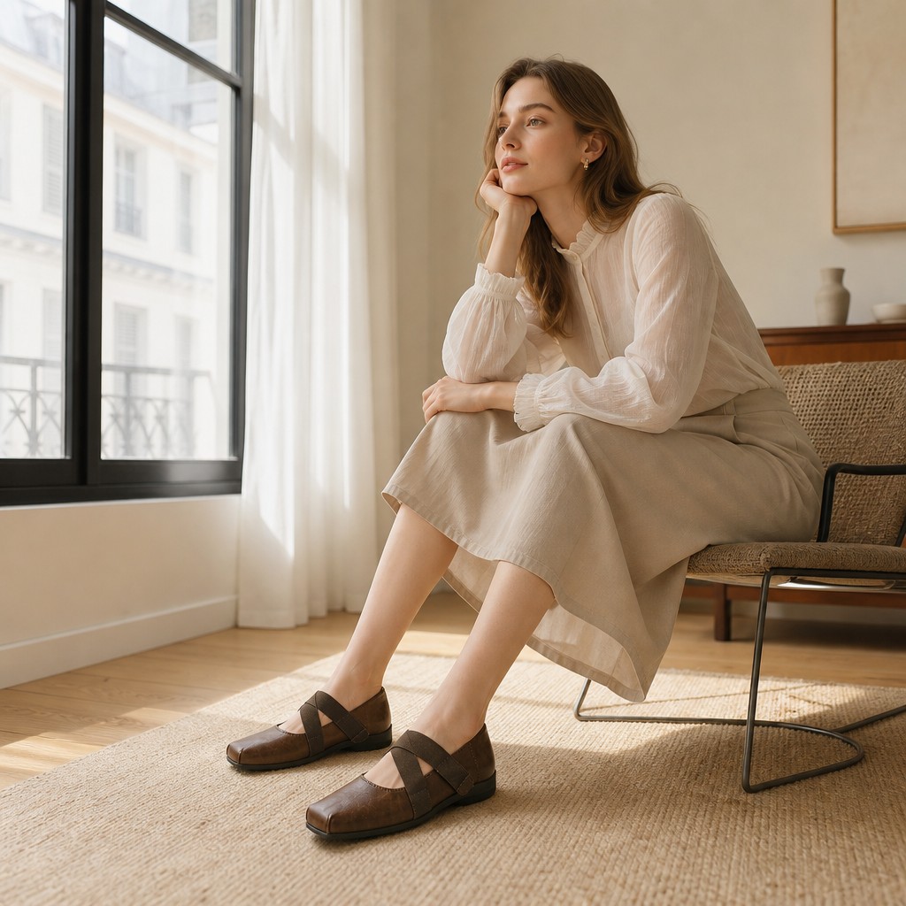 Scarpe comode Mary Jane marroni indossate stando sedute in casa
